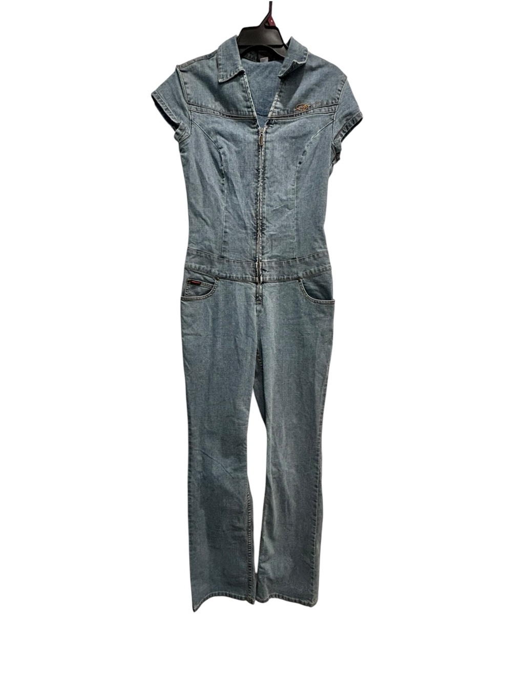 FUBU Washed Blue Denim Women’s Jumper 90s Y2K Vintage 9-10 Flared Leg Casual